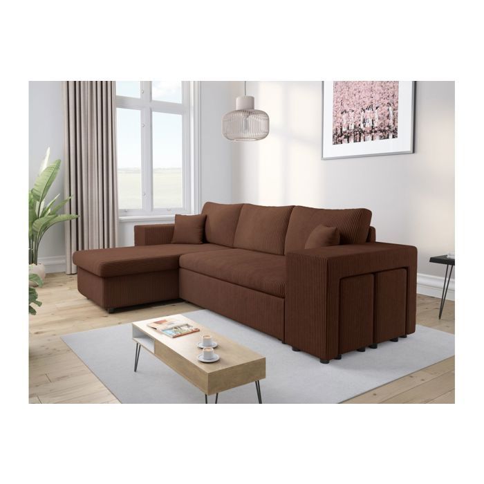 Canapé dangle réversible MADY avec coffre rangement poufs à droite en velours côtelé - Marron - L254 x P146 x H81cm - LOUNGITUDE Canapé dangle réversible MADY avec coffre rangement poufs à droite en velours côtelé - Marron - L254 x P146 x H81cm - LOUNGITUDE