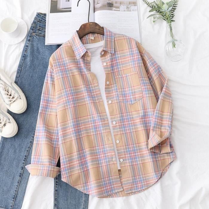 Chemise à carreaux surdimensionnée pour femmes Marque Modèle Manches  longues Loose Col chemise