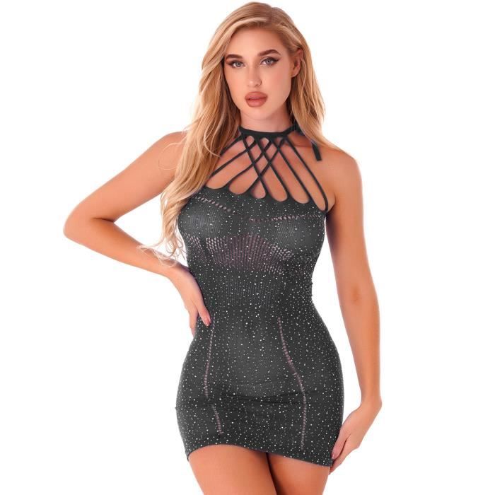 YONGHS Femme Mini Robe Transparente Sexy Courte Moulante Bodycon Strass Costume Clubwear Noir Noir Cdiscount Pret a Porter
