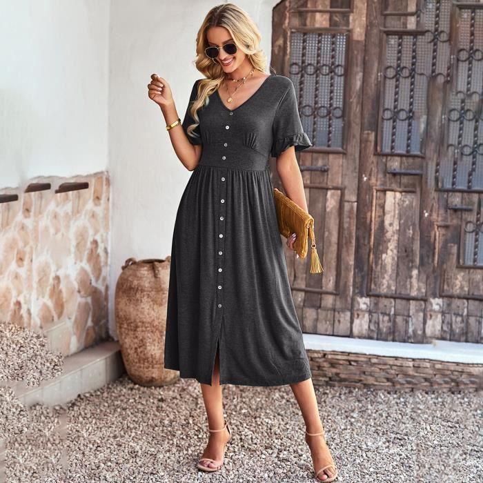 Robe femme Boheme Mode chic Col en V Dark Gris CHUANGNA Dark gris Cdiscount Pret a Porter