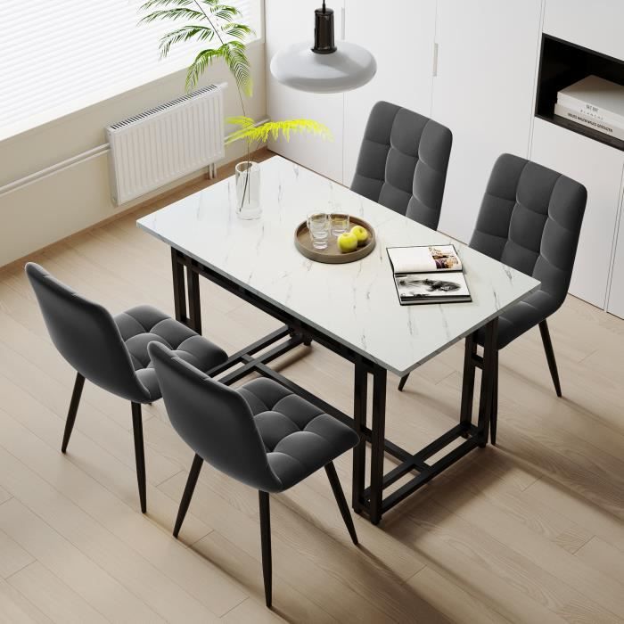 table à manger blanc 120 x 70 cm avec 4 chaises en velours gris foncé, table à pieds en fer doré