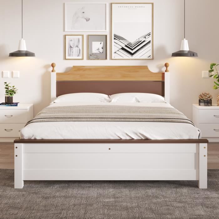 lit double en bois - 140 x 200 cm - cadre en pin avec pied central, tête et pied de lit en mdf - blanc