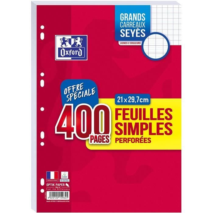 OXFORD Cahier de Feuilles Simples A4 Grands carreaux Seyès 100