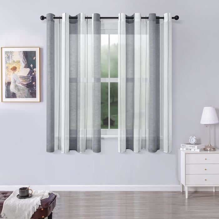 Rideaux Voilage MRTREES - 2 Pièces 140x145 Cm - Blanc Et Gris Rayé - Oeillets - Pour Petite Fenêtre