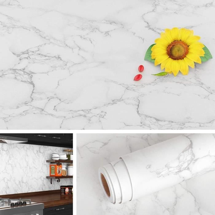 Livelynine Papier Peint Adhésif Marbre Blanc Gris 40CM X 10M - Sticker Cuisine Et Meubles Lavable