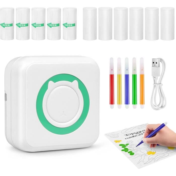 Otyzery Mini Imprimante Portable Sans Encre – Imprimante Thermique Bluetooth Avec 5 Rouleaux + 5 Stylos Aquarelle – Idéale Pour Photos, Notes & Mémos