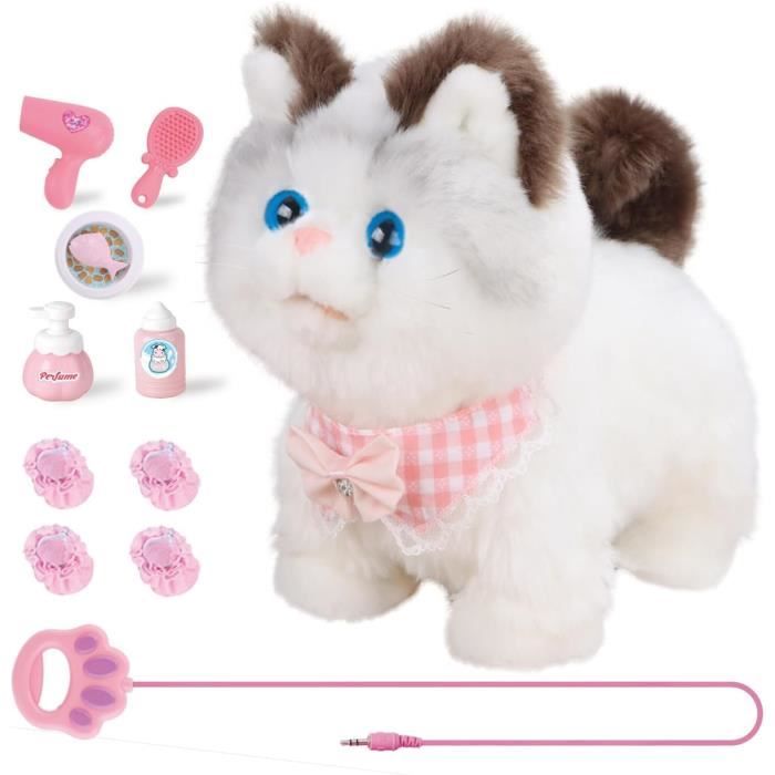 RuiDaXiang Jouet Électronique en Peluche pour Chat Interactif Réaliste - Télécommandé, Marchant, Aboyant et Remuant la Queue - Avec Accessoires (Blanc