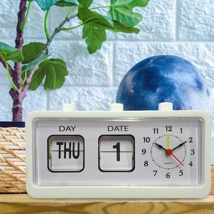 Retro Reveil Quatrz Bascule Horloge Date Jour Heure Affichage Blanc