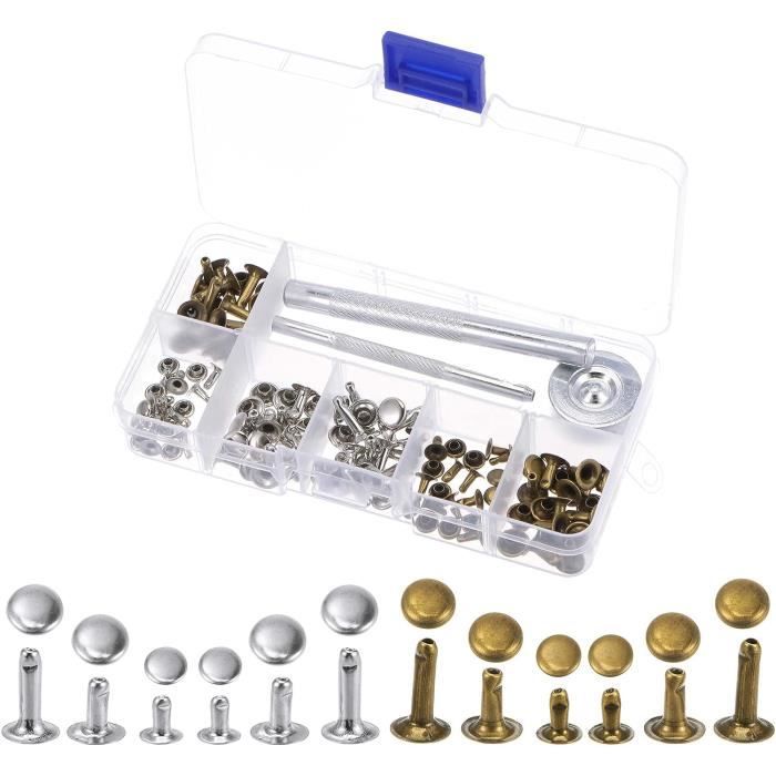 Kit 180 Rivets Pour Cuir + Outils - 3 Tailles (6/8/12 Mm) - Laiton Or Argent Bronze Noir