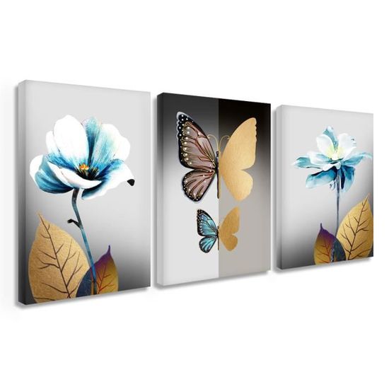 Fleurs Bleu Papillon Peint Poster Art Salon Chambre Cabinet