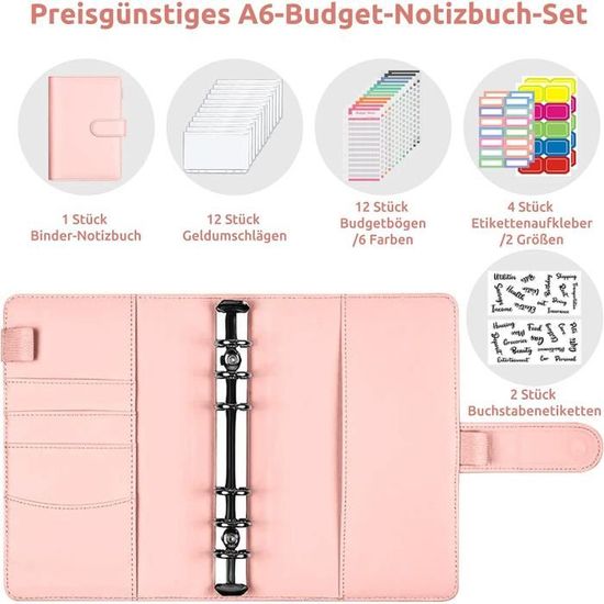 Classeur Budget A6 LTZGO - Cuir PU - 8 Poches Transparentes & 40 Tableaux - Rose