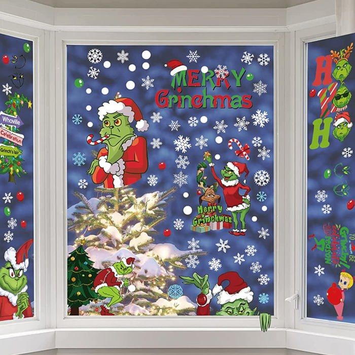 Autocollants Fenêtre Noël Grinch - Décorations Double Face PVC, Motifs Dessin Animé, Facile à Retirer