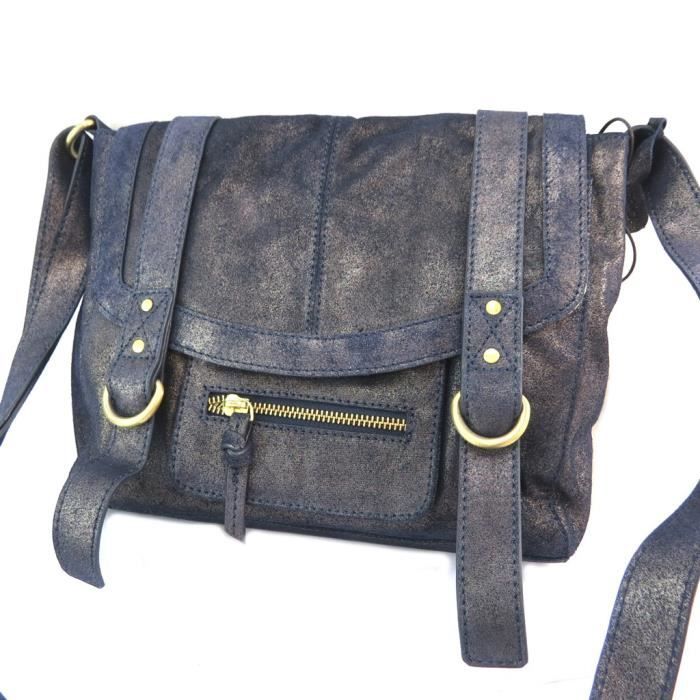 Sac besace cuir Anaik marine paillet 30x24x7.5 cm P3091