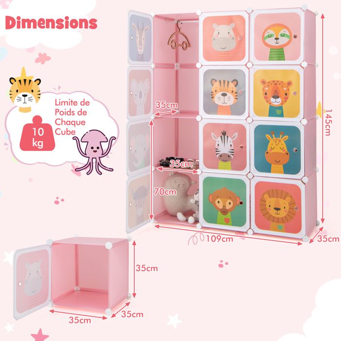 GOPLUS Armoire Penderie Modulable Enfants,12 Cubes 35x35x35CM avec
