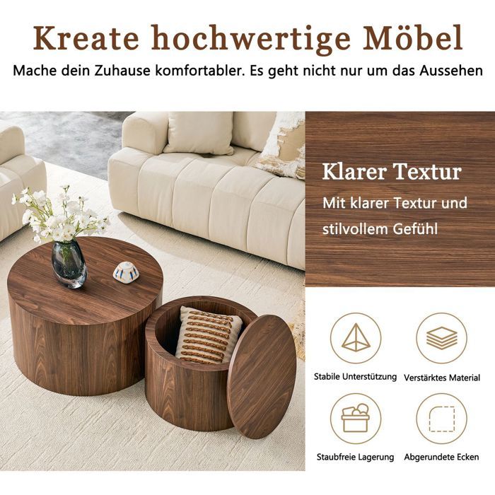 Table Basse Ronde Dw Table Basse Ø62.8x35/Ø44x26 cm Lot de 2 - Table De Salon - Effet Noyer ...