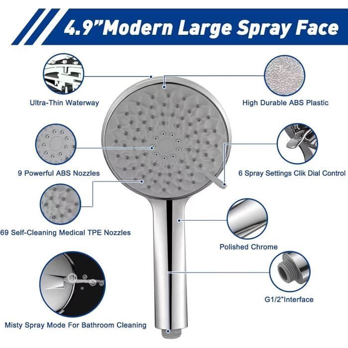 Pommeau Douche Pluie RUCUDIM 35,5cm - Acier Inoxydable, 314 Buses, Économe En Eau | Rotatif 360°, Auto-Nettoyant
