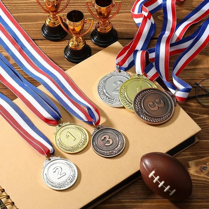 Trophee - Limics24 - 12 Médailles Récompense Métal Doré Argenté Bronze  Ruban Cou Vainqueur Style Olympique Dorées