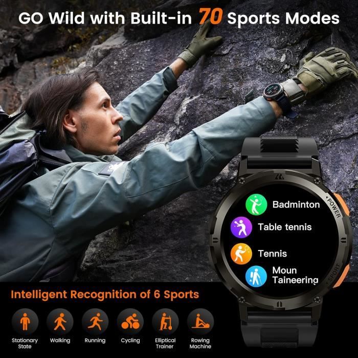 Montre Connectée Homme avec Appels Bluetooth, 1,43 HD AMOLED Écran  Militaire Smartwatch avec Notification Intelligente/Fréquence  Cardiaque/Sommeil