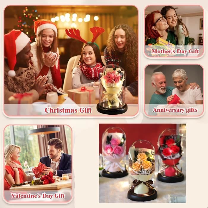 Fleurs Conservées De Rose éternelle Dans Un Dôme En Verre Avec Lumière LED, Cadeaux D'anniversaire Pour L'anniversaire Des Mères De La Saint-Valentin