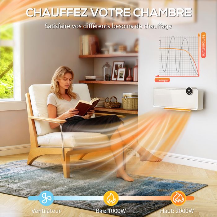 Radiateur électrique Convecteur 2000W HOMCOM - Verre, Télécommande, Programmateur, Mural Ou Sol - 8