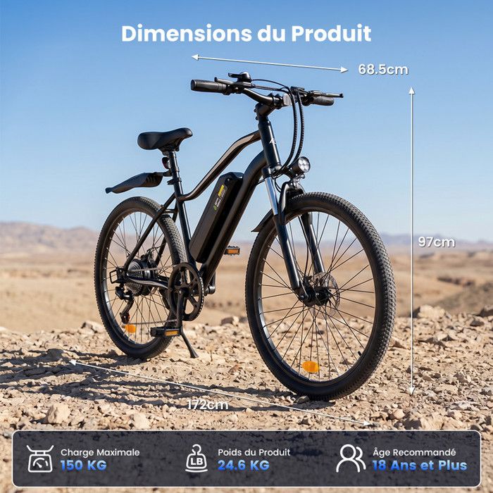 Vélo Électrique VTT adulte 26,Moteur 350W,Batterie amovible 36V 13,5 Ah,5 vitesses,Autonomie max 90 km,Charge 120 kg,Noir Vélo Électrique VTT adulte 26,Moteur 350W,Batterie amovible 36V 13,5 Ah,5 vitesses,Autonomie max 90 km,Charge 120 kg,Noir