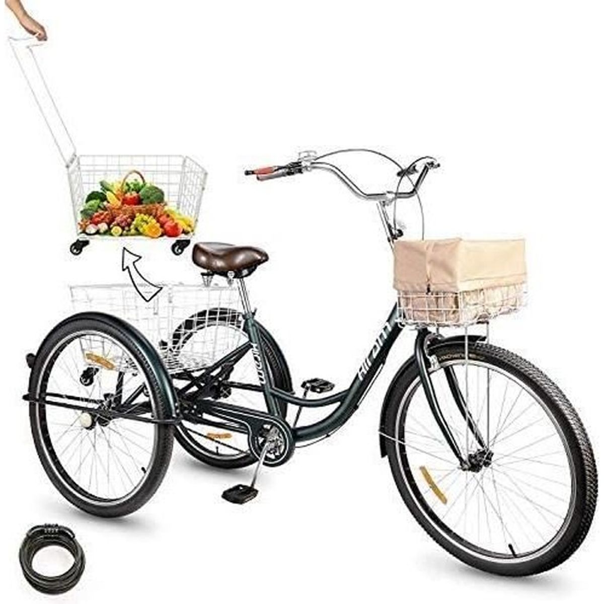 26′′ Tricycle Adultes, Vélo à 3 Roues avec Panier, Vélo de Ville avec Panier avant Etanche pour