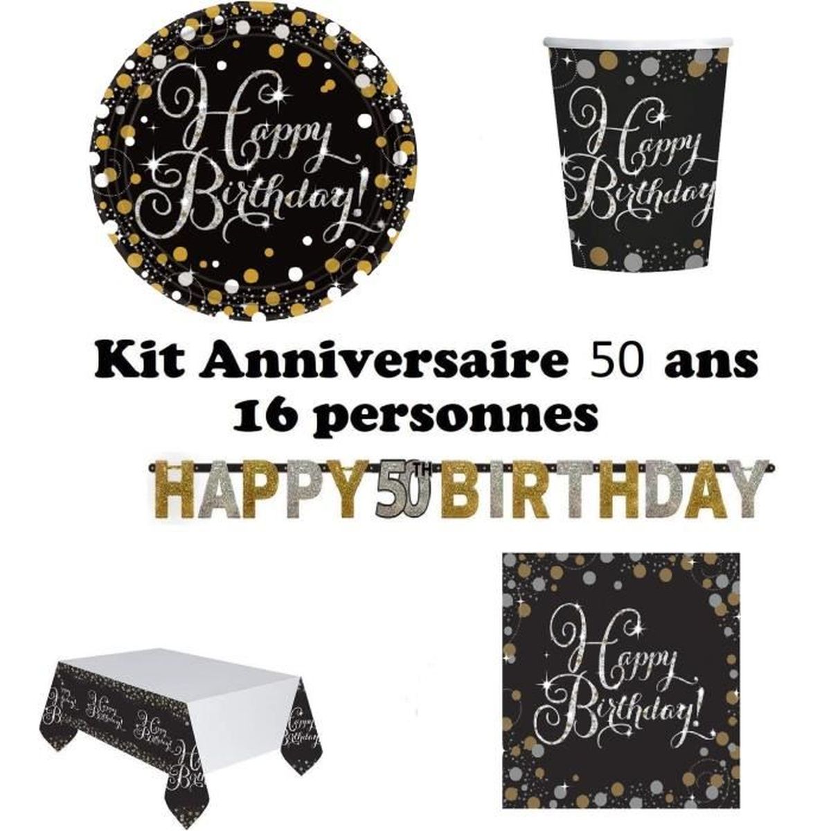 Mgs33 Anniversaire 50 Ans Complet Decoration Table 16 Personnes 16 Assiettes 16 Gobelets 16 Serviettes 1 Nappe 1 Guirlande 50 A Cdiscount Maison