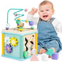 Jouets Cubes Activité Éveil Montessori en Bois pour Bébé, Jeu Perles Éducatif Sensoriel 5 en 1, pour Garçon Fille Plus de 18 Mois