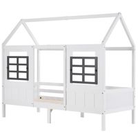 Lit cabane enfant Fortuna Lai,90x200cm,avec barrière de protection,avec tiroir,fille,garcon,cadre en bois massif,blanc,avec fenêtre
