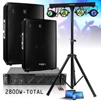 Pack Sono 2800W Total Ibiza - Ampli 2x800W - 2 Enceintes 600W - Pied Support - 4 Jeux de Lumière Projecteurs Moonflower - DJ Mobile