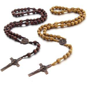 Chapelet rond en bois fait à la main avec perles de bois catholique et croix 