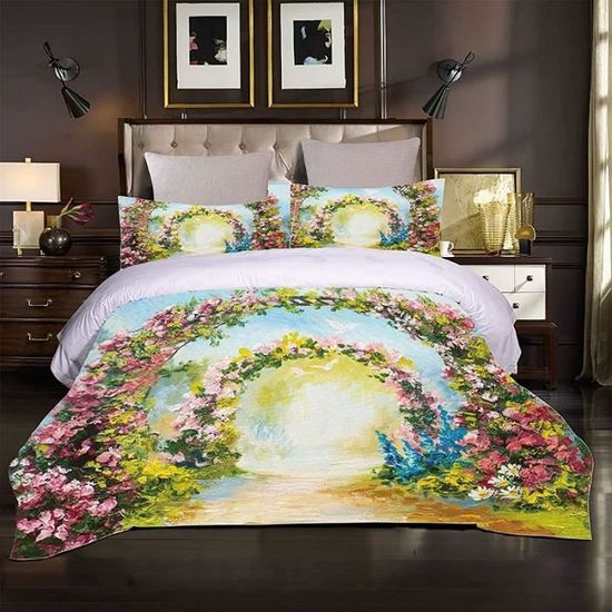 Housse De Couette Vintage Aquarelle Fleurs Bleu Réversible - Microfibre Douce 200x200 Cm Avec 2 Taies - 4