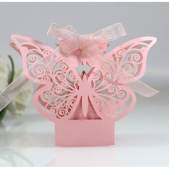 50pcs Boîtes à Dragées Cadeau Boite de bonbons Emballage papillon Papier perlé avec Rubans nuptiaux pour Mariage - Rose