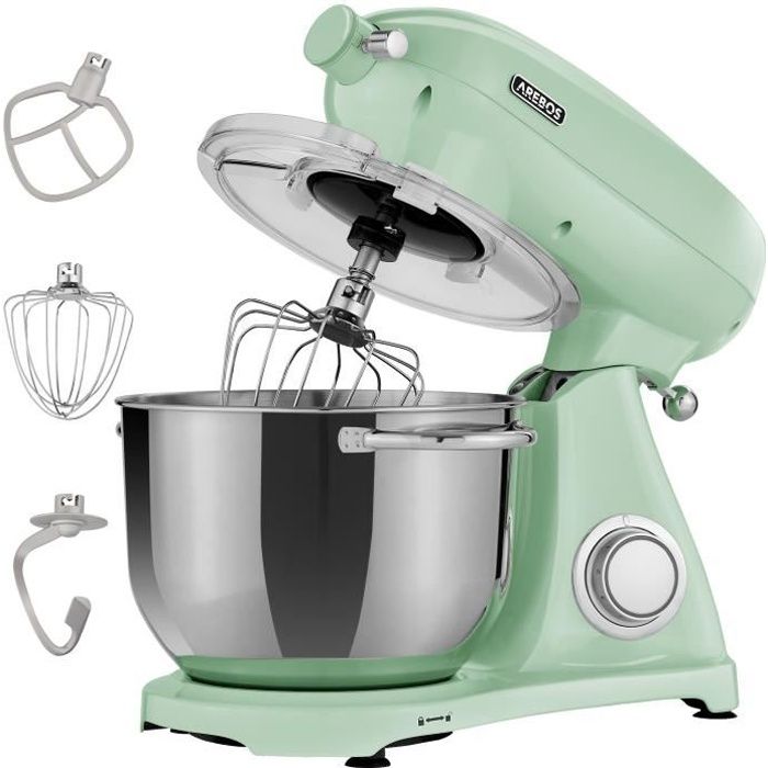 AREBOS Robot Pâtissier Professionnel 1800W Retro |Vert | Faible Bruit | Robot de Cuisine Multifonction | 6 Litres | 6 Vitesses