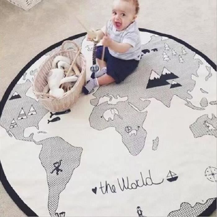 Tapis Éveil Tapis de Jeu Pour Bébé Tapis Rond en Coton Doux Carte du Monde Décoration de Salle 135cm