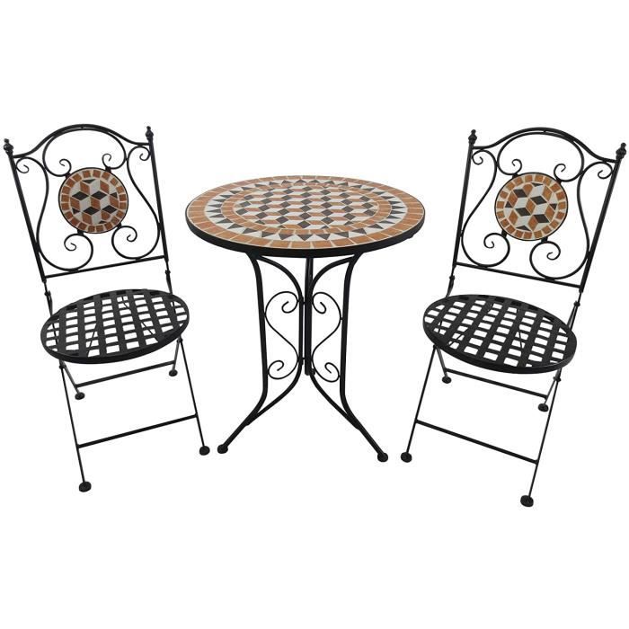 Outsunny Salon de Jardin 2 pers. 3 pièces Ensemble Bistro Style Fer forgé mosaïque 2 cha s + Table Ronde Pliables métal époxy an329