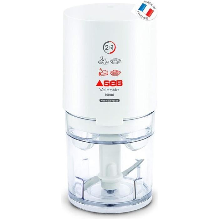 Seb 855306 Mini Hachoir Électrique Valentin 2 en 1 Hacher Ciseler Herbes Ail Oignon Viande Fruits Secs 220W Blanc