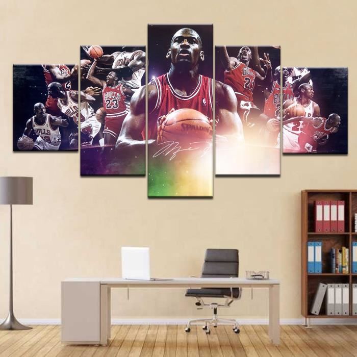 XSDI-218 Toile de peinture HD avec étoile de basketball Michael Jordan, 5 panneaux, affiche artistique murale pour s(Sans cadre)