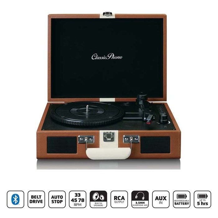 Platine vinyle avec Bluetooth, haut-parleurs intégrés et batterie rechargeable intégrée Classic Phono TT-120BNWH Marron-Blanc