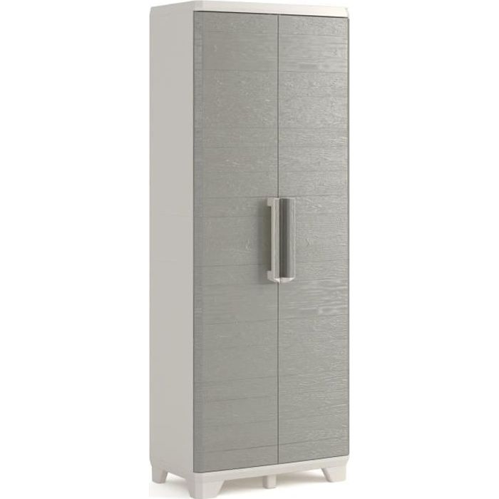 KETER Armoire haute de rangement - Wood Grain - Texture bois - 2 portes - 3 étagères - pieds ajustables - verouillable - Gris