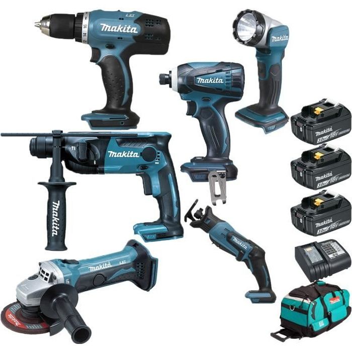 Pack de machines outil - Makita - 6 outils 18V comprenant: Perceuse 42Nm DDF453 + Perforateur 1,3J DHR165 + Meuleuse DGA452 + V#77