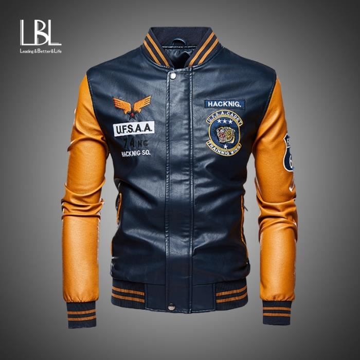 Blouson en cuir PU Hommes Bomber Baseball Jacket Biker Pu Coat