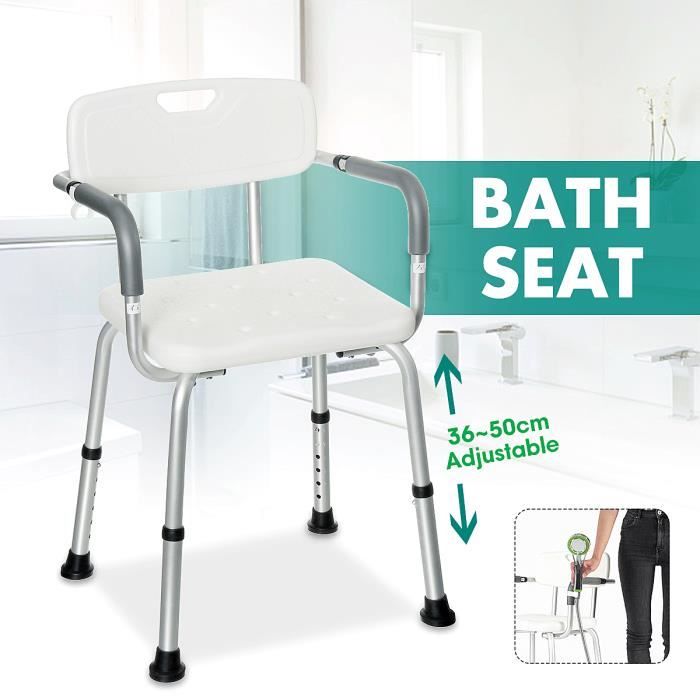 Tabouret de douche Fauteuil Siège salle de bain réglable 37-49CM hauteur Avec Dossier accoudoirs
