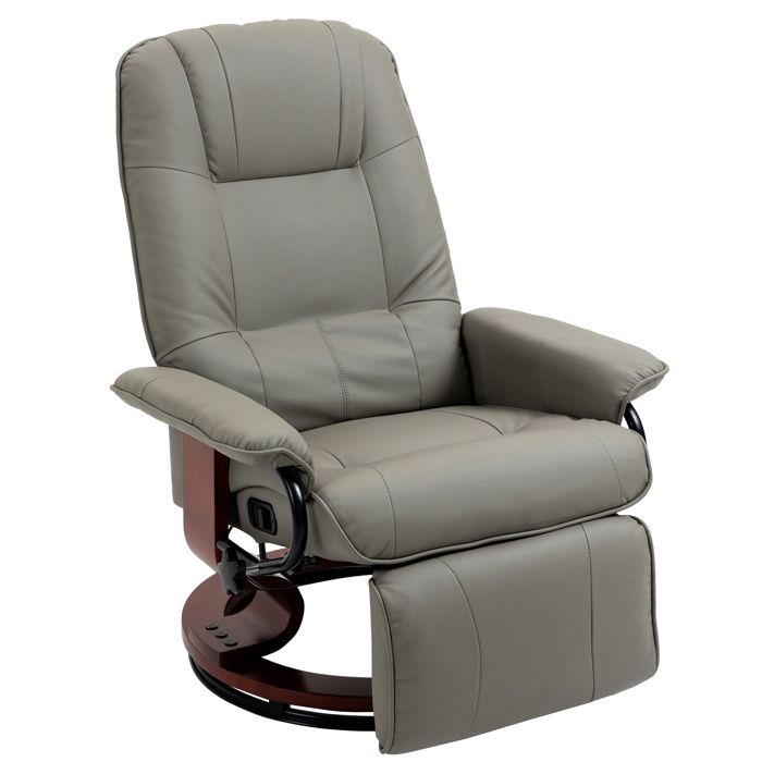 Fauteuil relax inclinable HOMCOM fauteuil de salon repose-pieds réglable pivotant 360° piètement bois PU respirant et doux gris