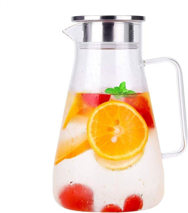 Carafe à Eau 2L Verre Borosilicaté + Couvercle Acier Inox – Pitcher Anti-Goutte, Thé Glacé, Jus, Café Froid, Élégante