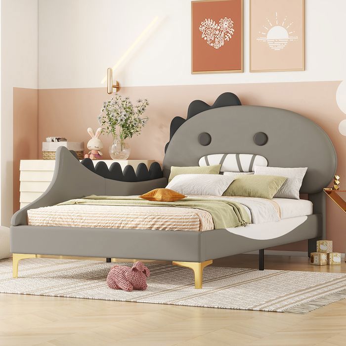 Lit jeune 90x200 cm Lit denfant Cartoon Dinosaur Form Lit plat PU Material Gris Lit jeune 90x200 cm Lit denfant Cartoon Dinosaur Form Lit plat PU Material Gris