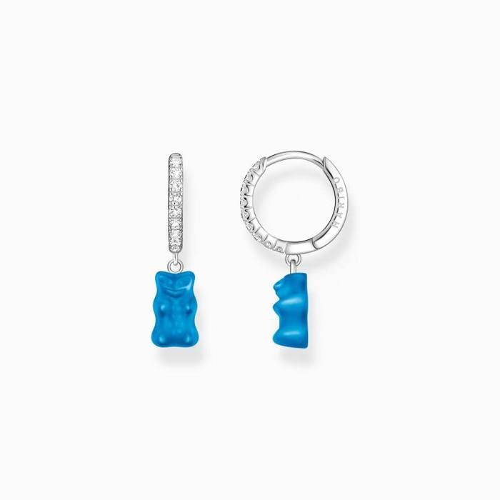 Boucles d’oreilles créoles simples avec pendentif ours en or bleu et pierres argentées