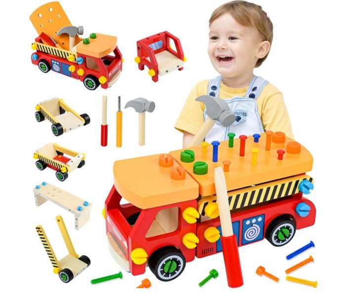 Caisse à Outils Enfant En Bois – 30 Pièces, Établi Camion Grue, Dès 2 Ans