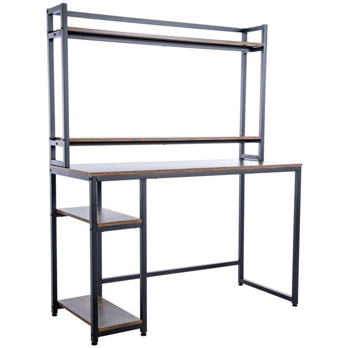Bureau table d ordinateur avec etagere et espaces de rangement design retro industriel en bois et metal noir 10_0005521 Bureau table d ordinateur avec etagere et espaces de rangement design retro industriel en bois et metal noir 10_0005521