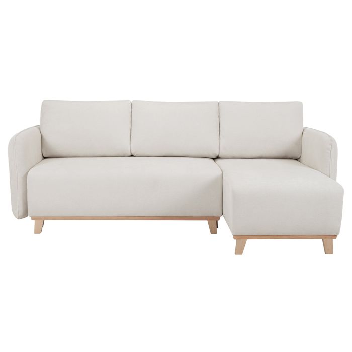 Miliboo - Canapé dangle convertible et réversible 3-4 places en tissu effet velours beige et bois clair ROMANE
